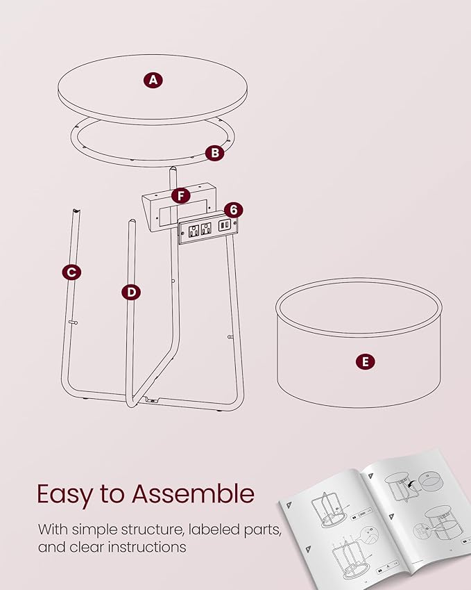 VASAGLE Side Table with Charging Station, Round End Table with Fabric Basket, Nightstand with Power Outlets, USB Ports, for Living Room, Bedroom, Modern, Jelly Pink and Cream White ULET228R01