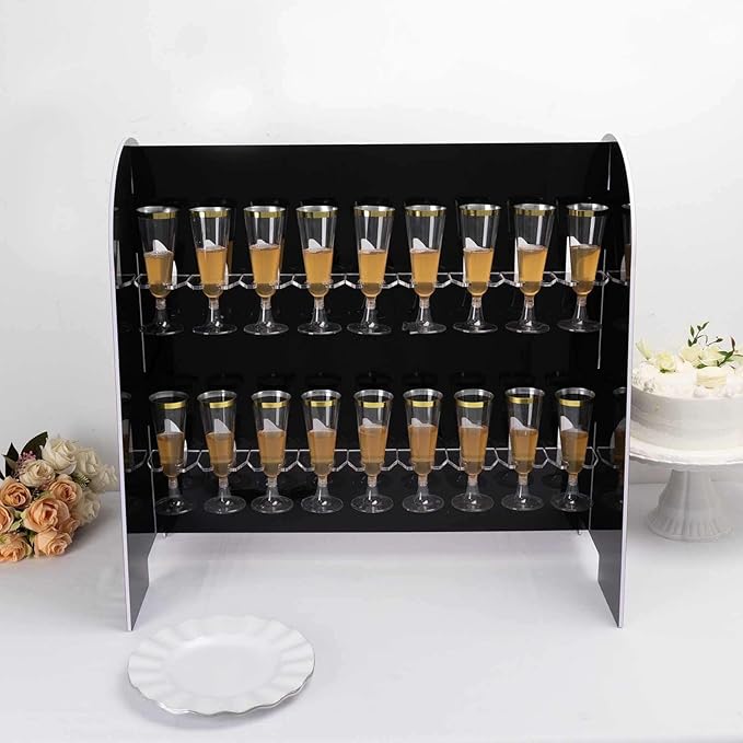 Tableclothsfactory Black Mirror Finish 2-Tier Wine Glass Stemware Rack, 18 Champagne Flute Holder Foam Board Stand - 25"