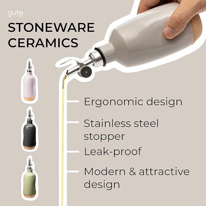 Olive Oil Dispenser Bottle Stoneware Ceramic, Cruet Protects to Reduce Oxidation, Suitable For Storage Of Oil, Vinegar, Coffee Syrups & Other Liquids - Stainless Steel Spout 14Oz