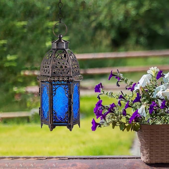 NEEDOMO Hanging Moroccan Lantern, 12.8'' Vintage Candle Holder, Metal Lanterns Decorative Indoor Outdoor, Table, Patio, Porch, Shelf, Gothic Home Decor (Blue, Large Size)