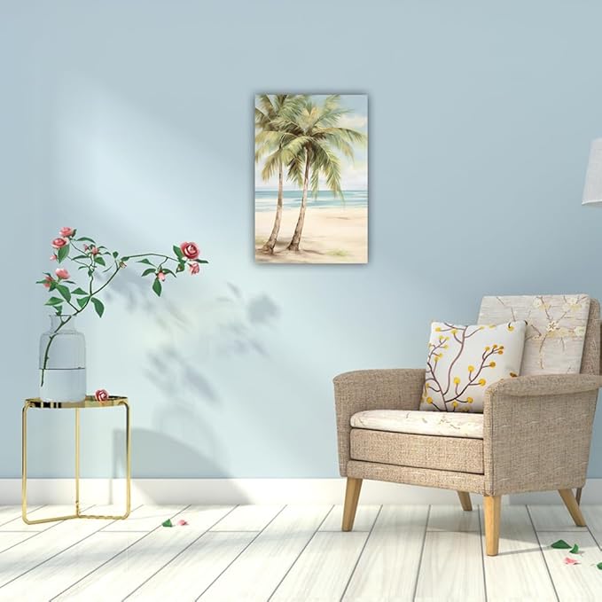 LURENCZH Tropical Beach Canvas Wall Art Seaside Palm Tree Picture Wall Decor Ocean Scenery Painting Prints for Bathroom Decor Framed(Beach-2,24.00" x 36.00")
