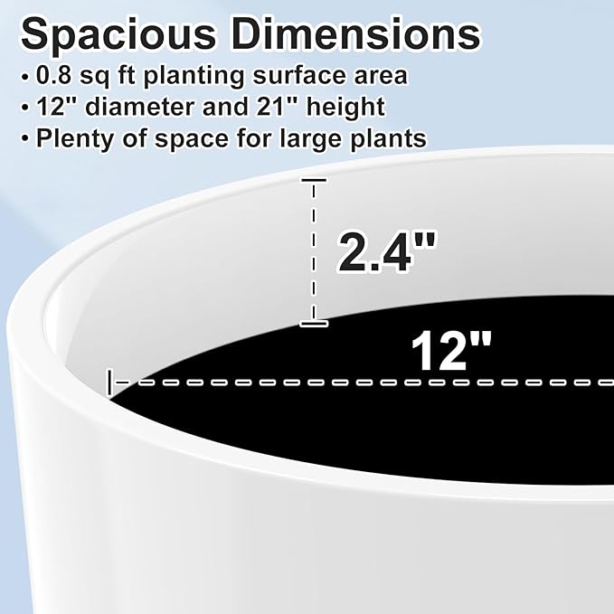 Tall Flower Pot Indoor - Outdoor Plant Pot - White Glossy Planter - Elegant Ceramics Imitation - 12" Diameter 21" Tall with Drainage Holes and Saucer