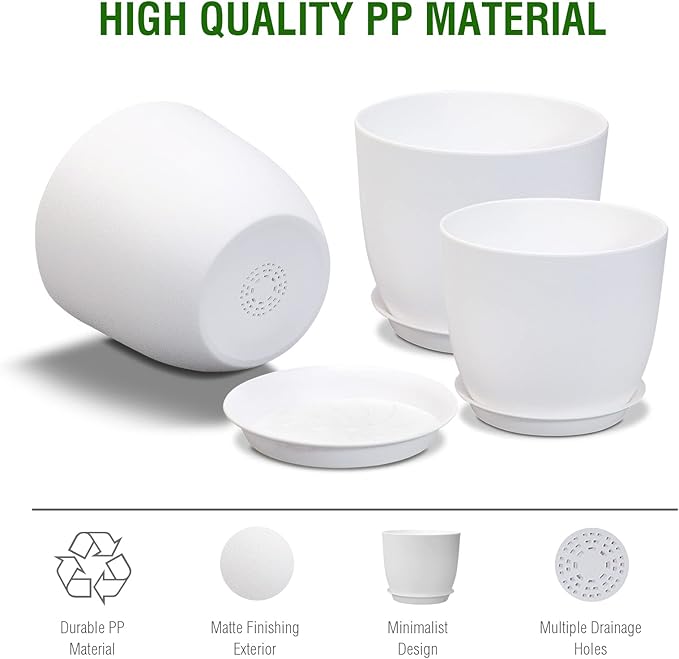 9/8/7.5 inch Flower Pots, Set of 3 Modern Decorative Plastic Planters with Drainage Holes and Saucers, Plant Pots for Indoor Outdoor Plants, White