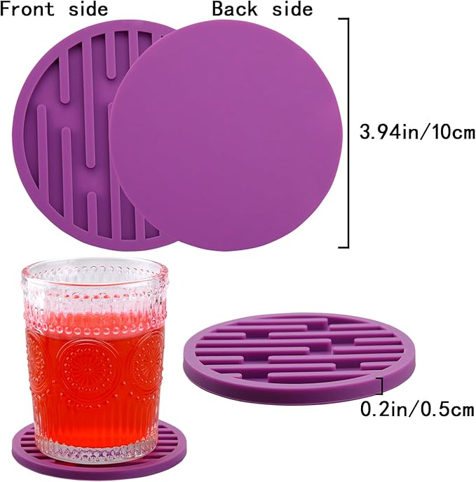 Coasters for Drinks & Coffee Table, Silicone Cup Coasters Set 8 with Holder, Cute Soft Cool Bar Coaster Dia 4 Inch, Beer Funny Coaster for Tabletop, Desk and Outdoor Purple