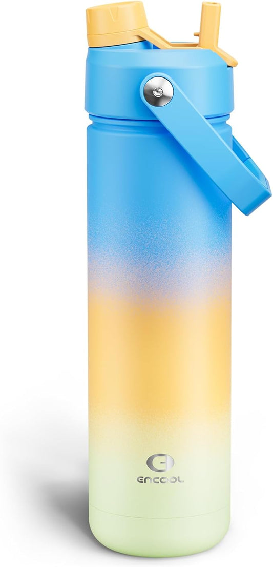 Insulated Water Bottle with Straw Stainless Steel Water Bottle, Leak-Proof, BPA-Free, Double Wall Vacuum Keeps Cold for 24 Hours for Sports, Travel, School (26 oz, Sunny Breeze)