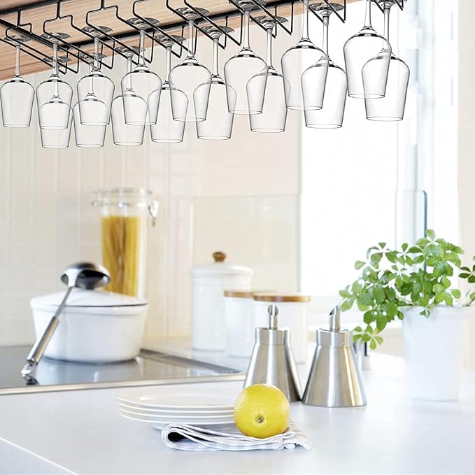 Xverycan Wine Glass Rack Under Cabinet, 8 Row Extreme Large Stemware Hanger, Metal Wine Goblet Holder, DIY Bar Glass Storage Rack for Bar Counter, Kitchen, Screws Included (Black)