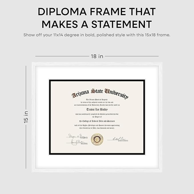 Homeforia 15x18 Diploma White Wood Frame, High End Oak 15 x 18 Certificate Frames with Mat 11 x 14, 15by15 Document Frame Matted to 11by14, Graduation Wooden Frames, Tempered Glass, Wall Kit, Set of 1