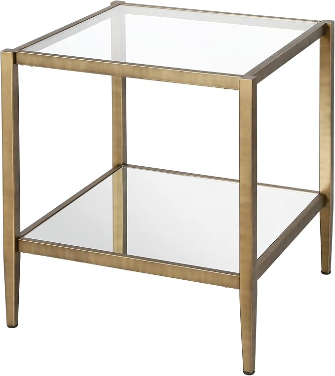 Henn&Hart 20" Wide Square Side Table with Mirror Shelf in Brass, Table for Living Room, Bedroom