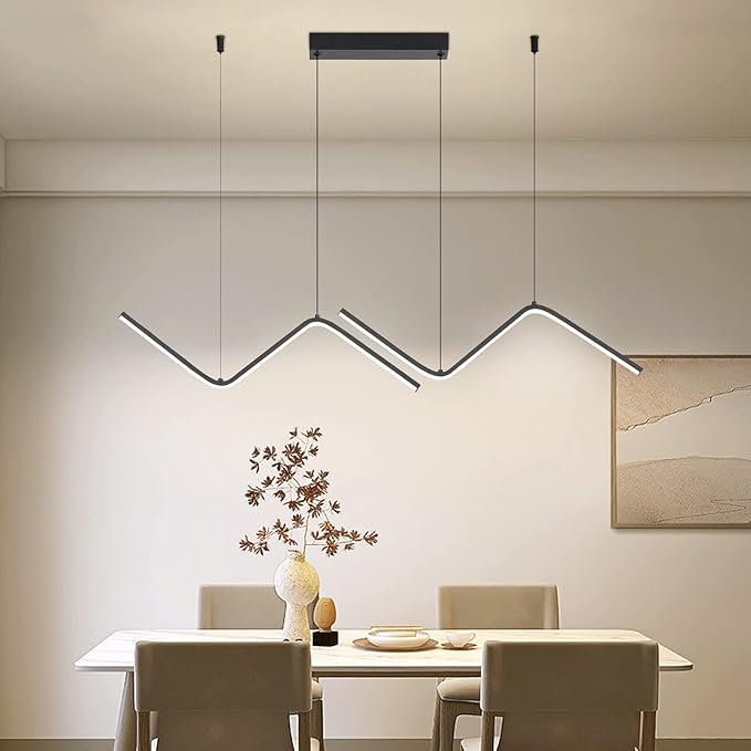 LED Modern Linear Pendant Lights, Dimmable LED Hanging Chandelier Fit Dining Room Kitchen Island, 3000K-6000K with Remote Contro Bright Light Fixture (Black, 47.2IN)