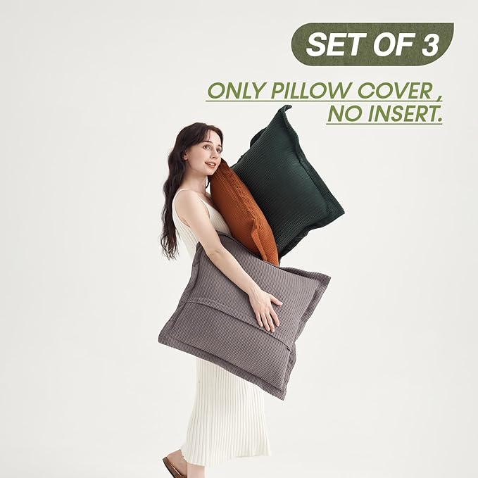 Pack of 3 Neutral Boho Decorative Throw Pillow Covers 18x18inch, Super Soft Textured Corduroy Pillow Covers Apartment Boho Room Decor for Couch Sofa Living Room Loung（Grey，Dark Green & Rust）