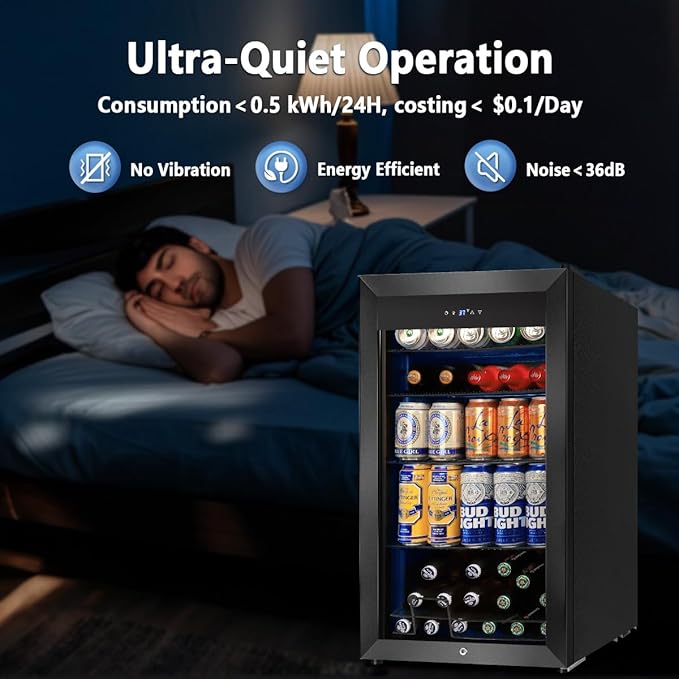 Tylza 130 Can Beverage Refrigerator Cooler, 3.22 Cu.Ft Beverage Cooler with Low-E Glass Door, Safety Lock, Beverage Fridge for Soda, Beer, Wine, Mini Fridge for Home, Office, Bar, Bedroom, Black