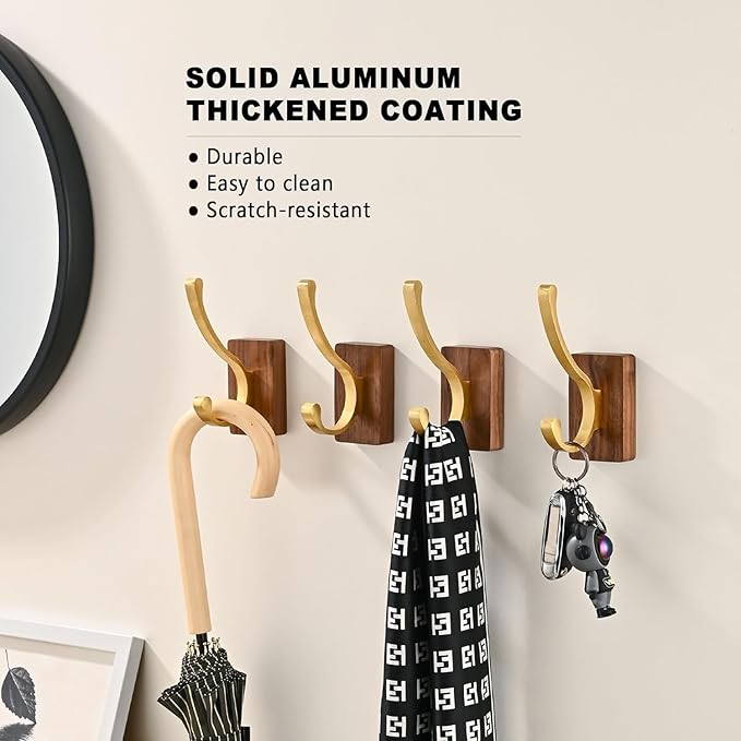 2 Pack Wooden Wall Hooks for Hanging, Adhesive Mounted Wall Mounted Boho Decorative Nature Wood Coat Hook for Towel Clothes Blanket Hat Backpack Robe Nursery Door Board Entryway Key Holder Gold