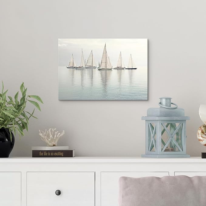 Nautical Sailing Picture Wall Art - Coastal Sailboat Canvas Ocean Ship Prints Sea Level Boat Painting Artwork for Bathroom