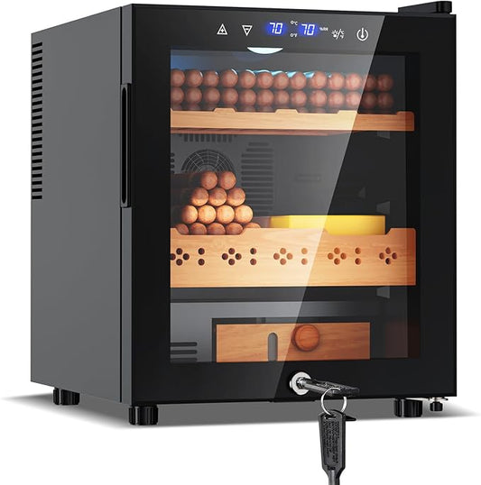 Tylza Cigar Humidor Cabinet 50L, Temp & Humidity Control Electric Humidors for Cigars, 370 Cigars, Digital Hygrometer, Safety Lock, Cigar Humidors with Cedar Wood Drawer Shelves, Cigar Gifts for Men