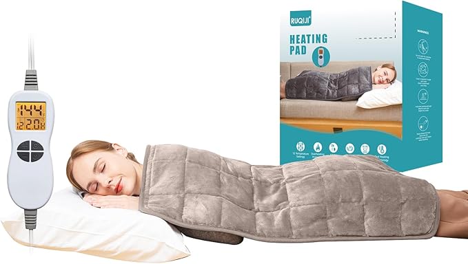 Ruqiji 17''x33'' Weighted Heating Pad, 5.2lbs with 12 Temperature Settings& Countdown Display, Pain Relief for Back/Neck/Shoulders/Abdomen/Legs, Birthday Gifts for Mom Dad Women Men (Light Tan)