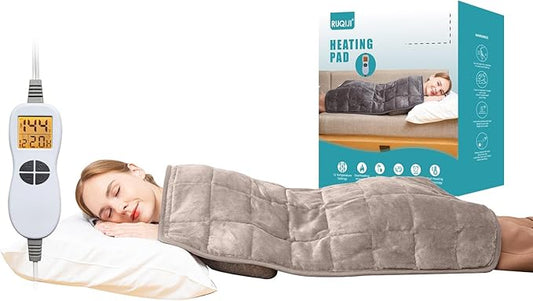 Ruqiji 17''x33'' Weighted Heating Pad, 5.2lbs with 12 Temperature Settings& Countdown Display, Pain Relief for Back/Neck/Shoulders/Abdomen/Legs, Birthday Gifts for Mom Dad Women Men (Light Tan)