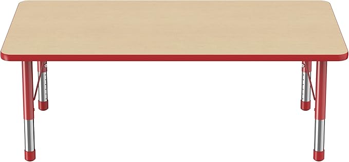 Factory Direct Partners FDP Rectangle Activity School and Classroom Kids Table (36 x 60 inch), Toddler Leg, Adjustable Height 15-24 inches - Maple Top and Red Edge