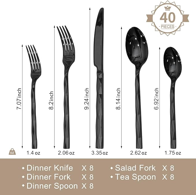 KINGSTONE Black Silverware Set, Luxury 40 Piece Flatware Set for, 18/10 Stainless Steel Cutlery Set with Diamond Cut Pattern for Kitchen, Home, Wedding, Party, Mirror Polished and Dishwasher Safe