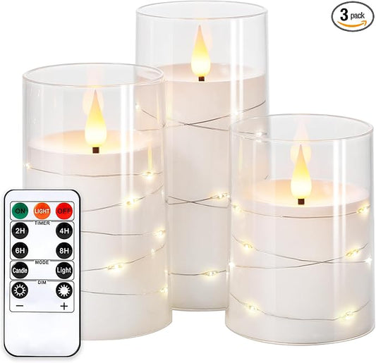 NURADA Flickering Flameless Candles: Built-in Star String Lights Acrylic 3D Wick Battery Operated LED Pillar Candles with Remote and Timer for Romantic Mood Home Decoration - 3 Pack Pure White