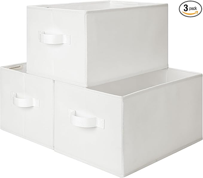 StorageWorks Storage Baskets for Shelves, Foldable Fabric Closet Storage Bins with Handles, Fabric Storage Bins Clothes Organizer, White, 3-Pack, Large