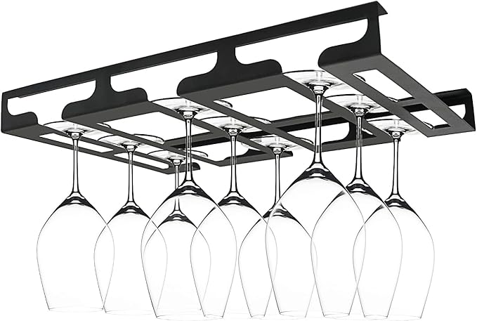Wine Glass Rack - Under Cabinet Stemware Wine Glass Holder Glasses Storage Hanger Metal Hanging Organizer for Bar Kitchen 3 Rows Black