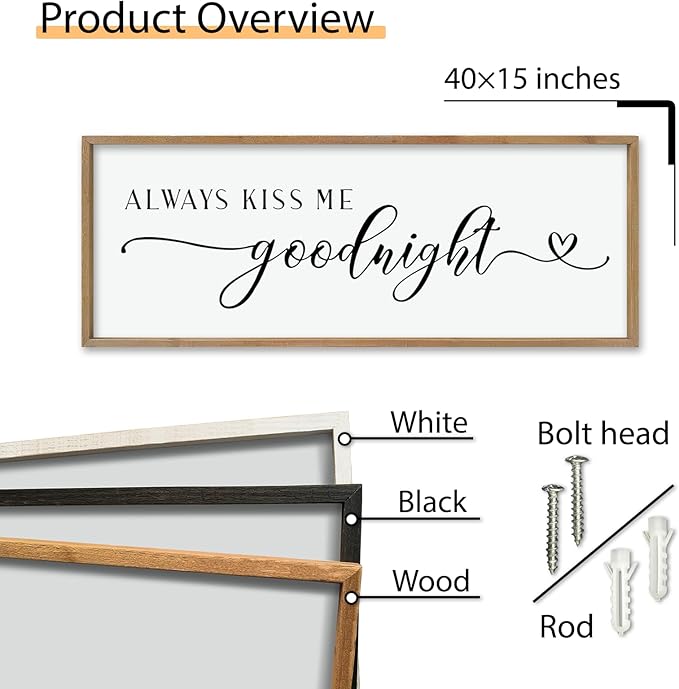 comurdyo Always Kiss Me Goodnight Sign for Bedroom Above bed Wall Decor 40''×15'' Large Wood Frame For Couples Over Bed Hanging Wall Art (Wood)