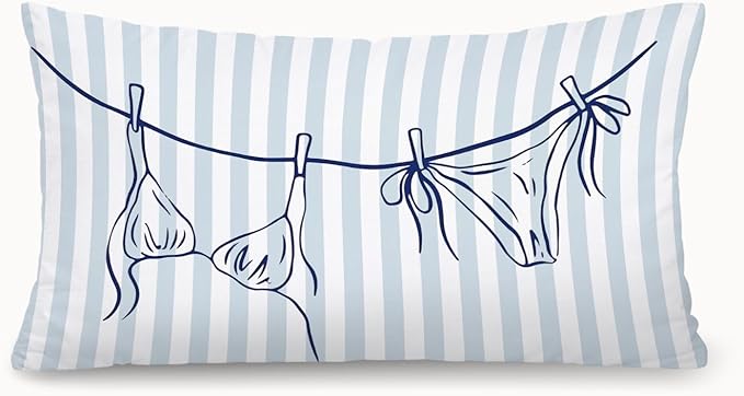 Coastal Beach Girly Room Decor 12x20 Pillow Cover, Preppy Beach Navy Blue Bikini Striped Decorative Lumbar Pillow Covers for Girls Bedroom College Dorm Sofa Couch