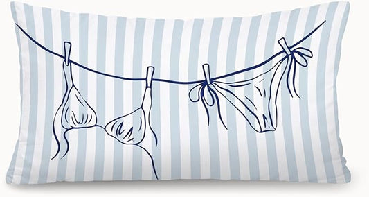 Coastal Beach Girly Room Decor 12x20 Pillow Cover, Preppy Beach Navy Blue Bikini Striped Decorative Lumbar Pillow Covers for Girls Bedroom College Dorm Sofa Couch