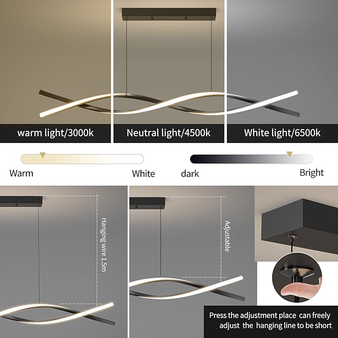 Modern Ceiling Pendant Light, Dimmable LED Pendant Light, Dimmable 3 Color Mode Chandelier for Living Room, Dining Room, Kitchen, Bedroom,Bar(Black, 39IN)
