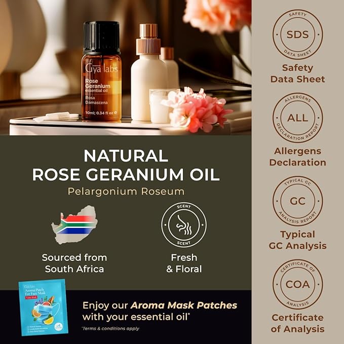 Gya Labs Rose Geranium Essential Oil for Skin - 0.34 Fl Oz - 100% Pure Natural Rose Geranium Oil for Diffuser, Aromatherapy Self-Care & Candle Making Scent