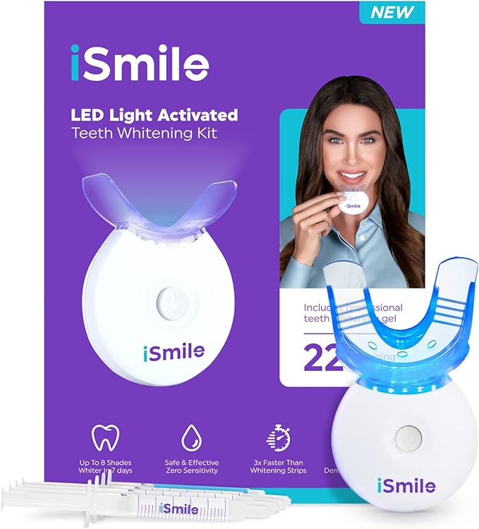iSmile Teeth Whitening Kit - LED Light, 35% Carbamide Peroxide, (3) 3ml Gel Syringes, (1) Remineralization Gel, and Tray.