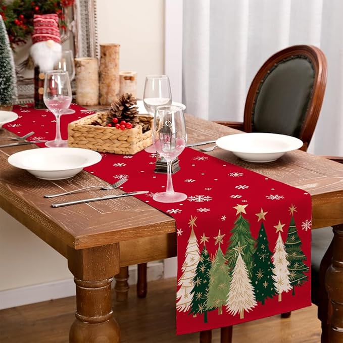 GEEORY Christmas Table Runner 13x120 Inch, Xmas Trees Snowflakes Holiday Decorative Farmhouse Table Decoration for Kitchen Dinning, Indoor Outdoor Dinner Party Decor (Red) GT150-120