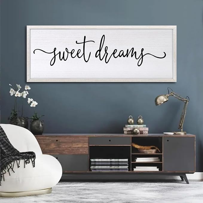 Sweet Dreams Over Bed Wall Decor 32"×12" for Master Bedroom Above Bed Wood Framed Wall Art Sign (White)