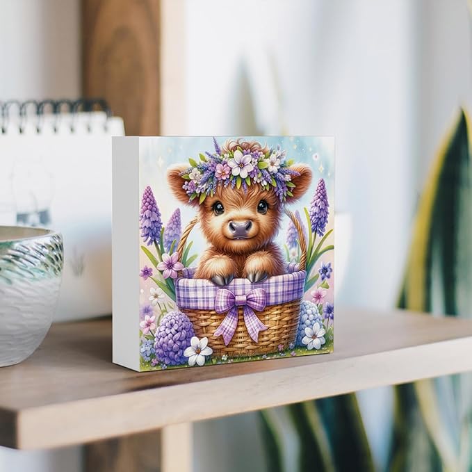 Highland Cow Hyacinth Flowers Decor, Highland Cow Bathroom Decor, Highland Cow Baby Decor, Highland Cow Nursery Decor, Wooden Box Decor Sign for Home Farmhouse Office Living Room Table Shelf Tiered