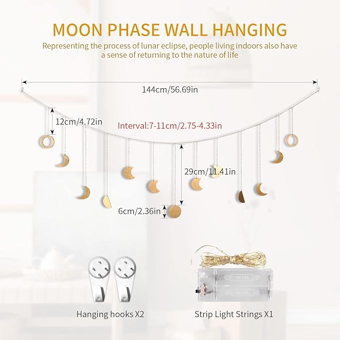 Moon Phase Wall Decor with LED String Light, 13 Gold Wood Boho Wall Hanging Decor Mood Garland 56'' - Celestial Phases Moon Decor in Bohemian Style for Bedroom Home Living Room
