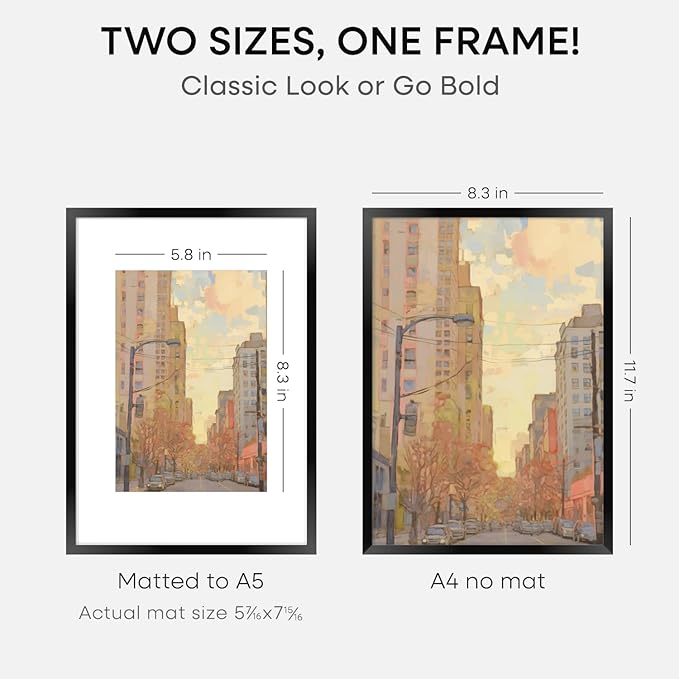 Homeforia A4 Picture Frame Black, High End Metal 8.3 x 11.7 Frames for Wall, A4 Photo Frame with Mat for A5 inch Print, 8.25 by 11.75 Black Poster Frames, 8.3x11.7 Frame with Glass, Wall Kit, Set of 1