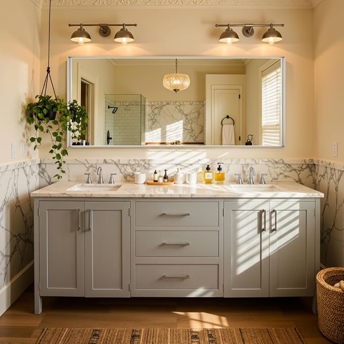 60"x28" Silver Framed Bathroom Mirror, Large Rectangular Vanity Mirror, Aluminum Metal Frame, Wall Farmhouse Modern Wall-Mounted Mirrors for Bathroom, Bedroom, Living Room, Over Sink