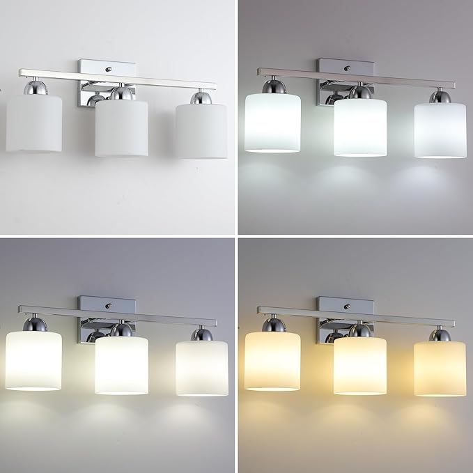 Stainless Steel Milk Glass Vanity Lights for Bathroom, 3 Light Chrome Bathroom Light Fixtures Over Mirror, Ceramic E26 Sockets Wall Mounted