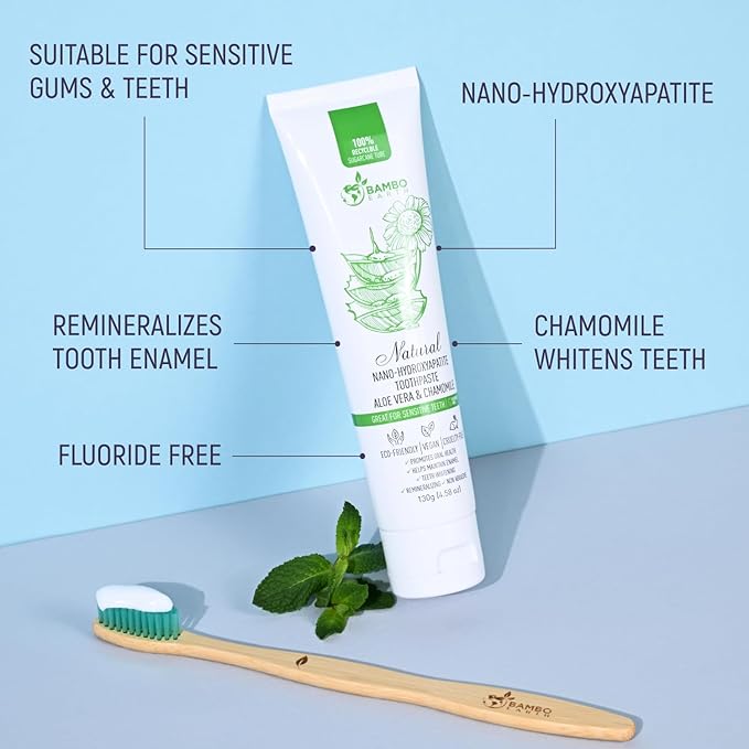 Natural Fluoride Free Toothpaste - Nano Hydroxyapatite, Remineralizing, Sensitive Teeth, Whitening & Zero Waste Tube - Dentist Recommended for Adult & Kids Oral Aloe Vera & Chamomile (4 Pack, Aloe)