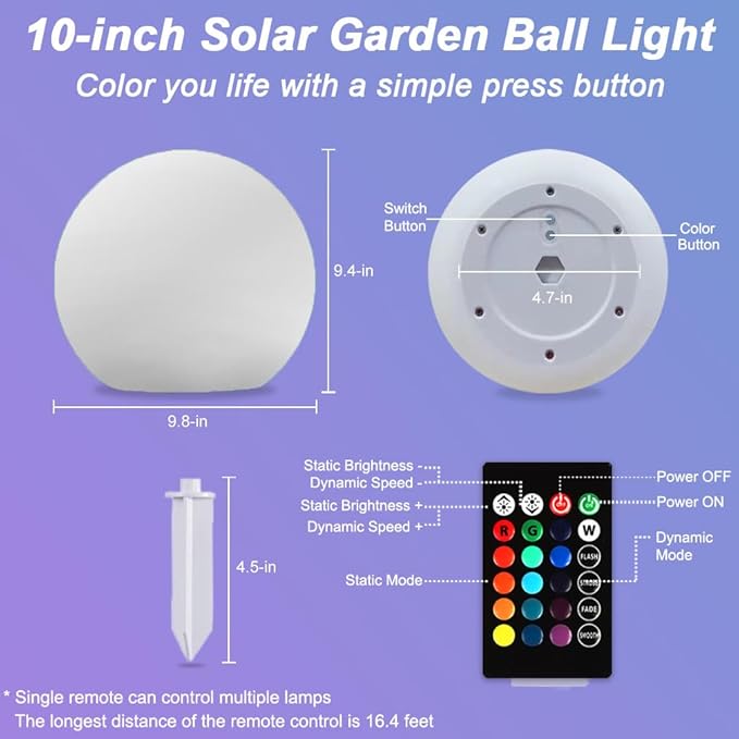 10-in Solar Globe Light, Solar Garden Ball Light Outdoor w/Remote, 16 RGB Color 4 Modes Glowing Ball, Waterproof Smart Light Sensor Control Outdoor Orb Lamp w/Ground Stake for Pathway Patio Yard Party