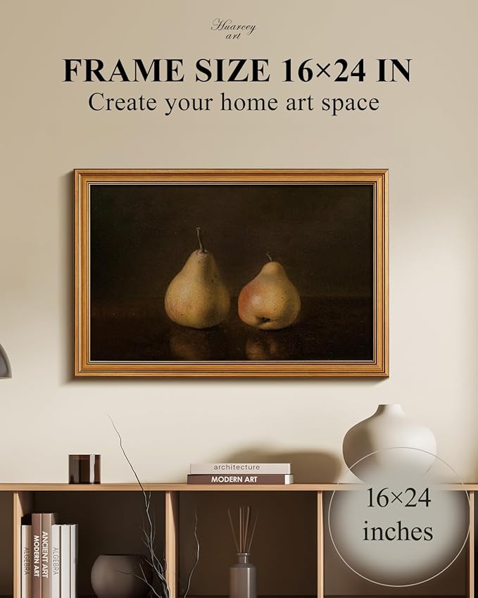 HUARCEY Gold Framed Vintage Wall Art for Living Room, Pear Fruits Painting Prints Shelf Decor for Kitchen, Aesthetic Bedroom Wall Art Decor, Christmas Gift for Friends or Family (Two Pears 16"x24")