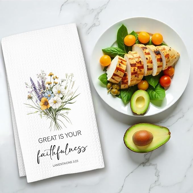 Christian Kitchen Towel, Waffle Weave Microfiber Scripture Hand Towel, Great is Your Faithfulness Bible Verse Farmhouse Decor for Kitchen Bathroom, Inspirational Gift for Women