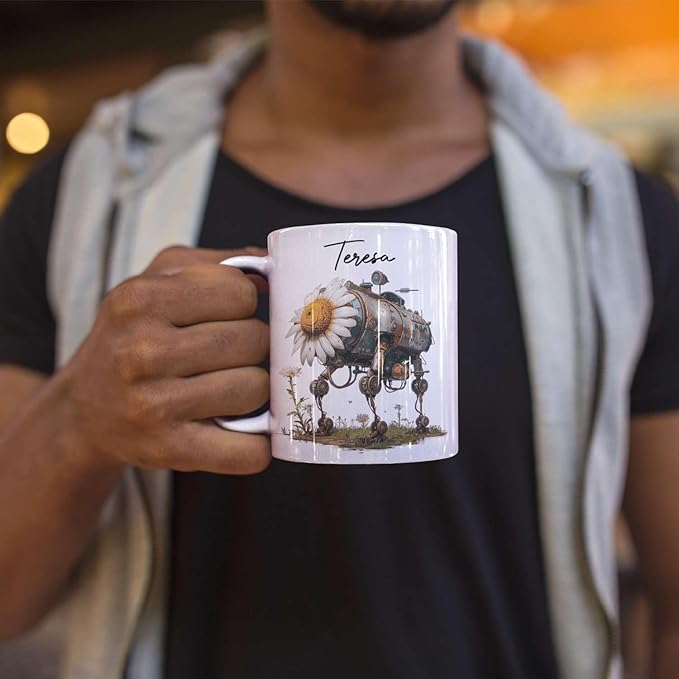 Customized Robotic Daisy Coffee Mug 11oz Or 15oz, Personalized Name On Mechanical Flower Mug, Novelty Ceramic Cup Gift For Tech Enthusiasts, Custom Nature Inspired White Mug
