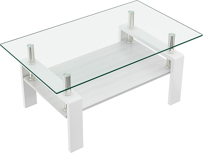Glass Coffee Table Rectangle Living Room Center Table, with Transparent Tempered Glass Tabletop and White MDF Layer,for Living Room and Office, Transparent +White