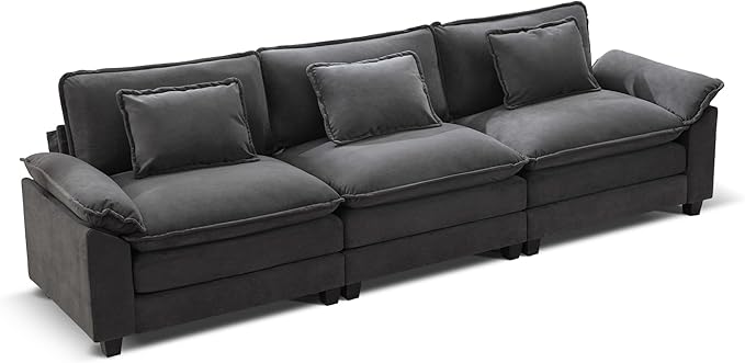 URRED Modular Sectional Sofa Comfy Cloud Couch, Modern Velvet Sofa Sleeper Deep Seat Couches with Ottoman/Pillows for Living Room (Dark Gray, 117'')