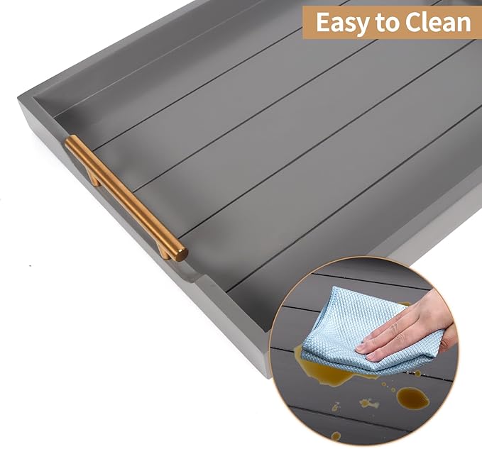 Coffee Table Tray - Large Ottoman Trays for Living Rooms - Wood Serving Tray with Handles(2 Sets) - Wooden Tray for Coffee Table, 4 Round Coasters Included, Gray