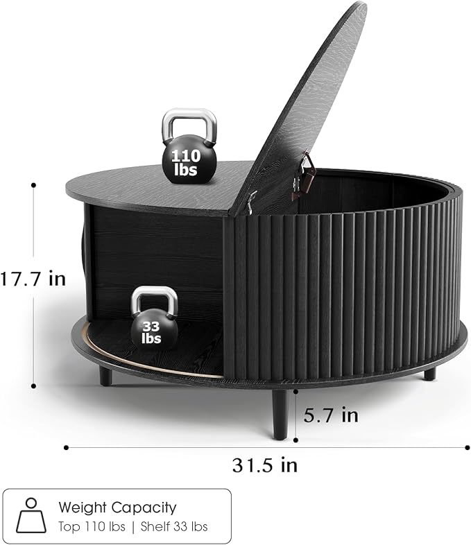 Round Coffee Table with Storage,Mid Century Modern Dining Table with Sliding Cabinet Door for Living Room,Home Small Space,31.5" Small Center Table,Black