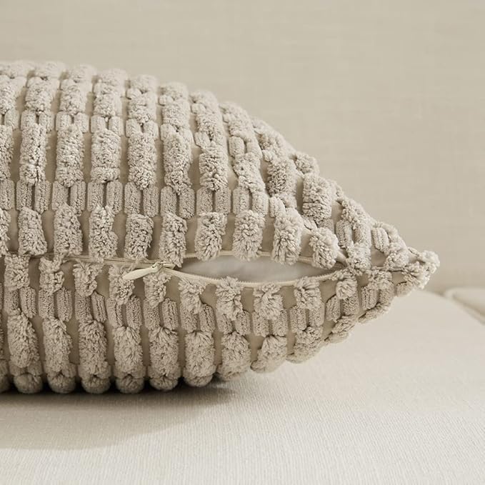 Fancy Homi Set of 4 Grey and White Boho Decorative Throw Pillow Covers 28x28 Inch for Couch Bed Sofa, Aesthetic Modern Bohemian Room Decor, Fuzzy Fluffy Cozy Corduroy Textured Cushion Case 71x71cm