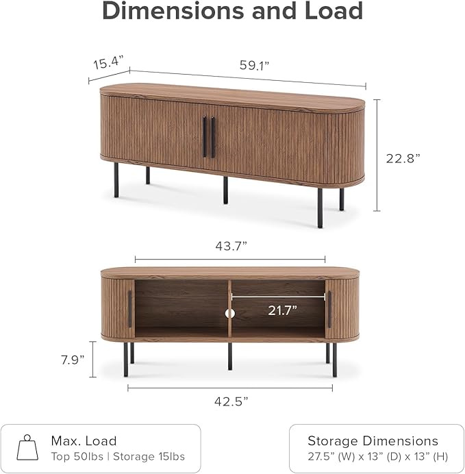 mopio Quin TV Stand, Mid Century Modern for 55/60/65 inch TV, Farmhouse TV Stand, Entertainment Center with Storage, TV and Media Console for Living Room (Walnut, 59" Tambour)