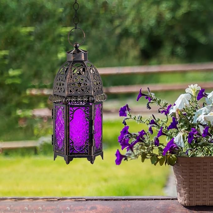 NEEDOMO Moroccan Candle Lantern, 12.8'' Hanging Lanterns Decorative Indoor Outdoor, Vintage Candle Holder for Chritsmas, Halloween, Table, Patio, Porch, Shelf, Gothic Home Decor (Purple)